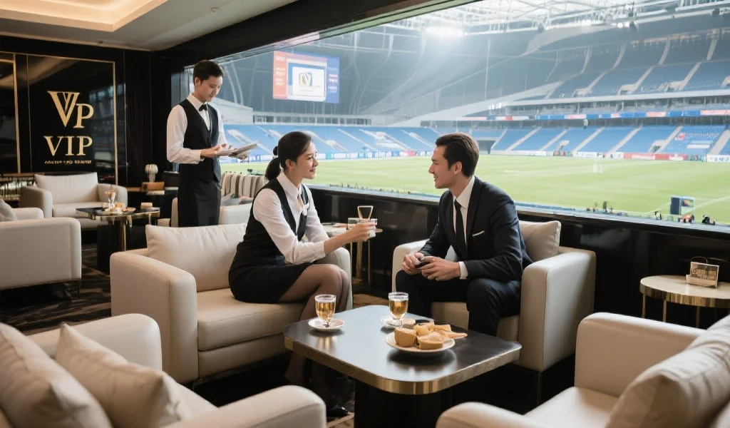 豪华休息区中，VIP会员正在享用专属服务，背景为现代化体育场景
