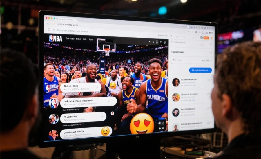 一个热闹的在线篮球社区，用户们正在热情讨论NBA赛事，屏幕上显示活跃的评论和表情